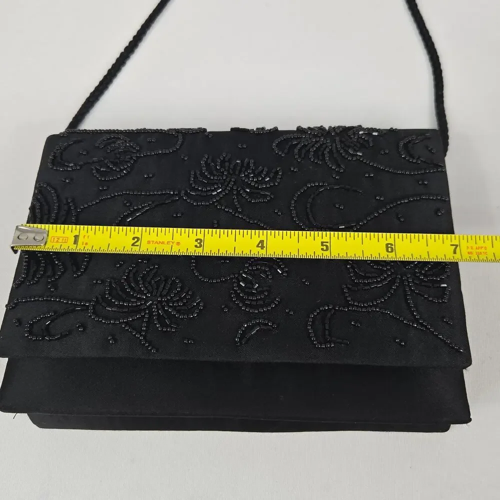 Black Beaded & Satin Square Snap Closure Clutch Purse with Corded Shoulder Strap